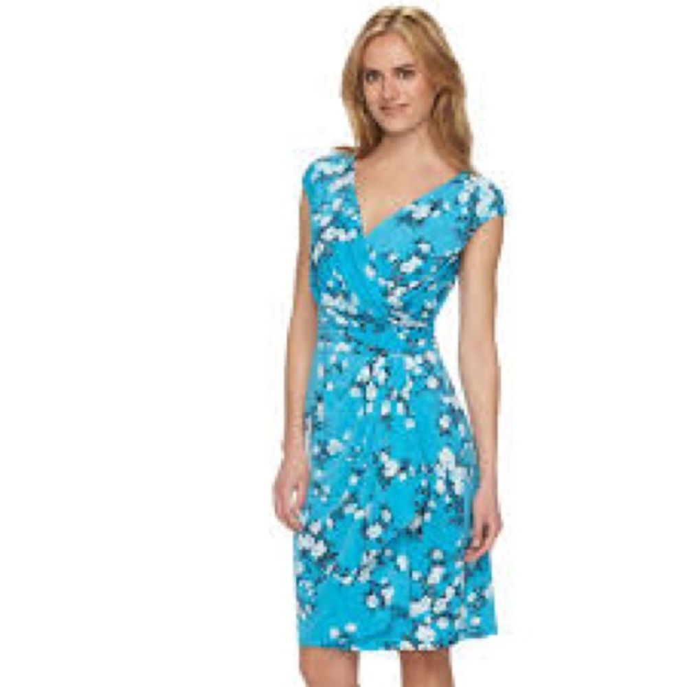 Chaps Blue and White Wrap Midi Dress V-Neck Tie Front